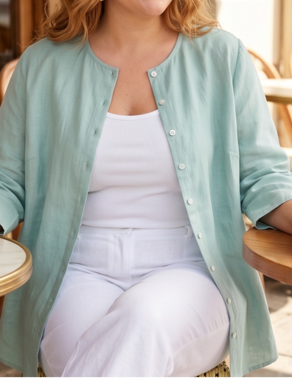 Tahari Sage Green Linen Round-Neck Button Front Shirt